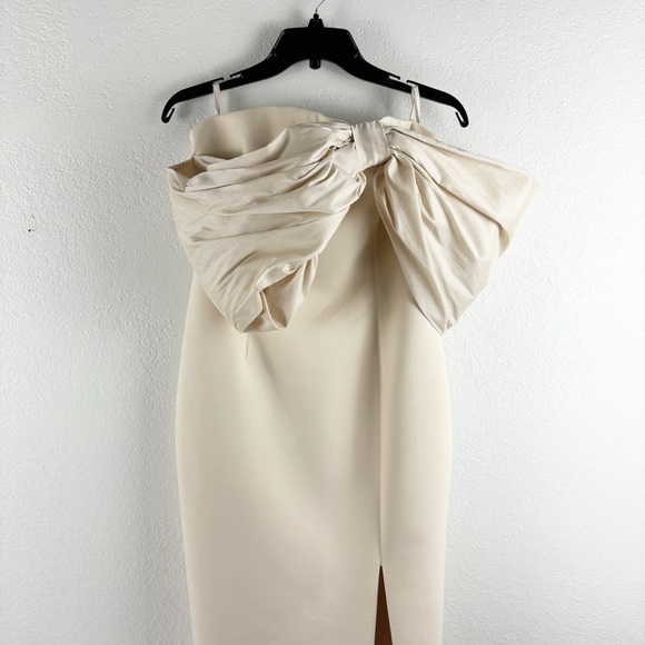 Rachel Gilbert Kace Draped Bow Slit Gown Cream Beige Size 6 Formal Evening Party - Picture 7 of 10